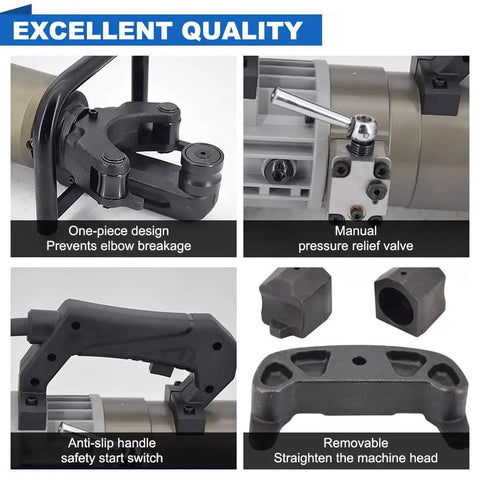 Close-up of the 1800W Portable Electric Hydraulic Rebar Bender, showcasing the anti-slip handle and manual pressure relief valve features.