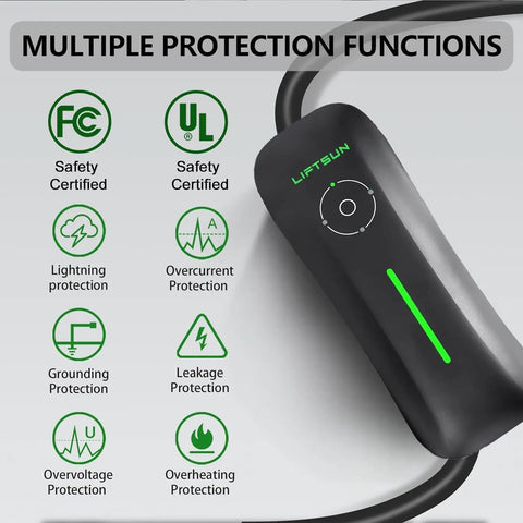 Level 1 Tesla Charger For Home 110V 15A With NACS Connector And 21ft Cable highlighting safety certifications