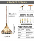 Clear Striped Glass Pendant Light Antique Brass Adjustable Mini Chandelier for Kitchen Island product details with dimensions and socket type.