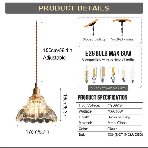 Clear Striped Glass Pendant Light Antique Brass Adjustable Mini Chandelier for Kitchen Island product details with dimensions and socket type.