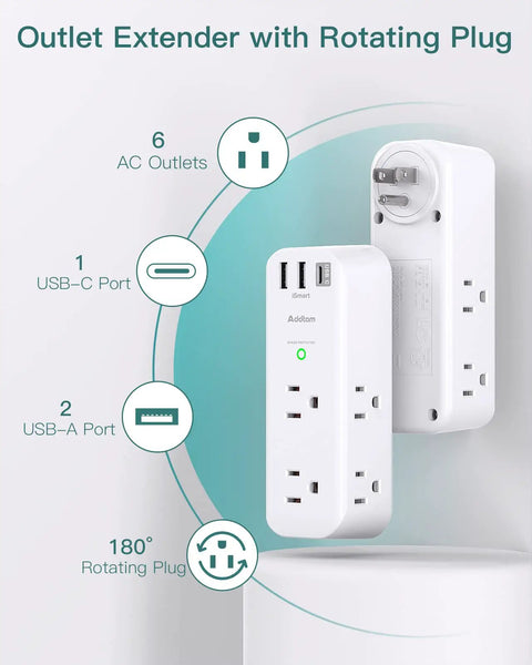 Rotating Outlet Extender With Six AC Outlets And Three USB Ports Including One USB C Three Sided Slim Power Strip shown in use.