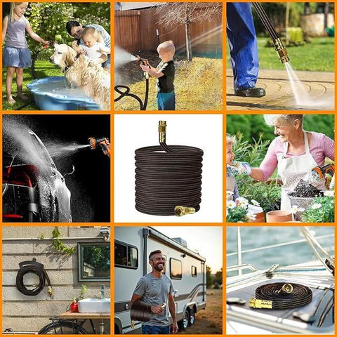 25ft orange-black lightweight TPE garden hose with solid brass fittings for lawn, RV, boats, and car wash.