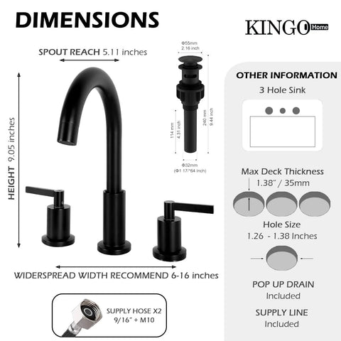 Dimensions and features of Matte Black Widespread 3-Hole Bathroom Faucet with Dual Handles, includes hoses and pop-up drain.