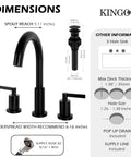 Widespread Three Hole Brushed Gold Bathroom Faucet With Two Handles Modern Brass Vanity Sink Faucet Includes Supply Hoses And Pop Up Drain Stopper For Easy Install dimensions and parts overview