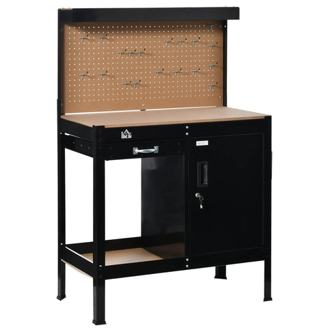 Boss Level Multipurpose Workbench With Lockable Storage Cabinet And Slide Drawer, DIY Friendly Workshop Tool Table With Pegboard And 20 Hooks, Converts To Sawhorse Clamp Station For Pro Grade Carpentry In Your Garage with steel frame and pegboard.