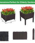 Plastic Square Raised Garden Bed Set With Self-Watering Design for Indoor and Outdoor Use, showing dimensions and components.