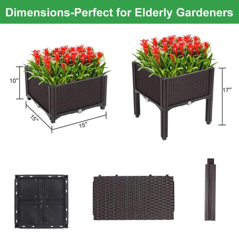 Plastic Square Raised Garden Bed Set With Self-Watering Design for Indoor and Outdoor Use, showing dimensions and components.