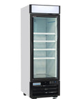 Rock Solid 27 Inch Reach In Freezer With One Swing Glass Door Merchandiser Boasts 19.2 Cubic Feet Of Serious Cold Storage. Reliable Workhorse For Convenience Stores. White Stainless Steel exterior with adjustable shelves.