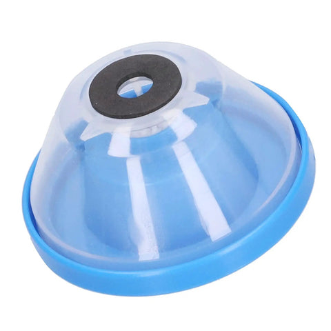 Super Handy Large Capacity Dust Collector for Electric Drills, bowl-shaped design with shockproof padding, clear plastic and blue trim.
