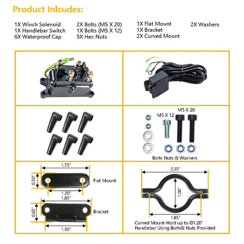 Included parts of 12V 250A Winch Solenoid Relay Contactor with terminal caps, rocker thumb switch for ATV UTV mounting.