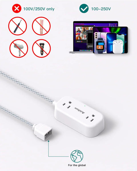 All In One Worldwide Travel Adapter With Dual AC Outlets And Dual USB Ports 20W USB C PD Fast Charge for US EU UK AU, white adapter shown