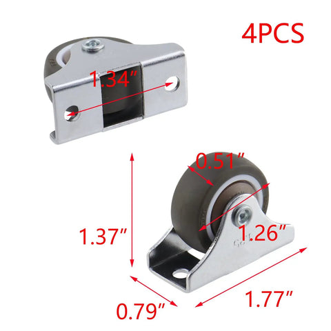 Slick Roll Mini Fixed Caster Wheels 1.26 Inch Ultra Thin, 4 pcs with dimensions, ideal for sliding furniture and easy installation.