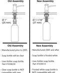 Comparison of old and new soap bottle assemblies, featuring Soap And Lotion Dispenser Bottle Replacement Fits Three Quarters Inch Bottles And Dispenser Models 1893 1894 1895 7346 Genuine Part For Easy Durable Refill Access In Bathrooms And Kitchens.