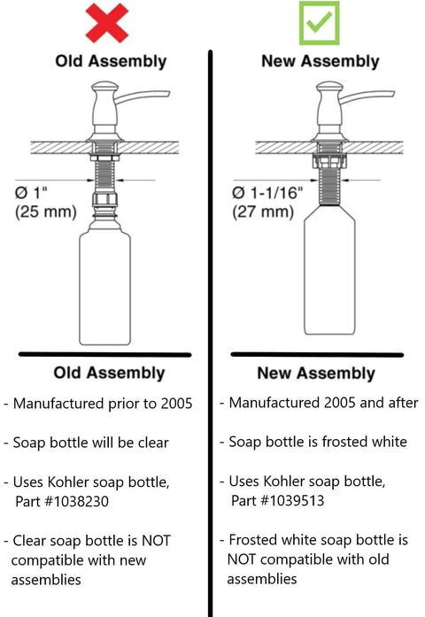Comparison of old and new soap bottle assemblies, featuring Soap And Lotion Dispenser Bottle Replacement Fits Three Quarters Inch Bottles And Dispenser Models 1893 1894 1895 7346 Genuine Part For Easy Durable Refill Access In Bathrooms And Kitchens.