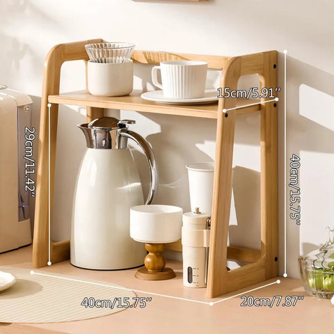 Natural Bamboo Coffee Station Organizer, 2-Tier Wooden Counter Shelf For Bar Gear And Syrup Bottles, Durable Dark Brown Finish.