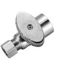 Built Like A Tank Lead Free Brass Water Angle Stop Valve Two Pack 1/2 Inch FIP To 3/8 Inch OD Compression Quarter Turn Chrome Shut Off Fitting Smooth Crisp Action For DIY close-up of chrome shut off fitting