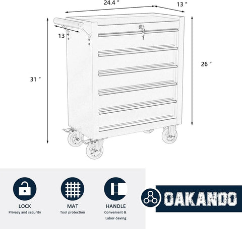 Heavy Duty 5 Drawer Metal Rolling Tool Chest With Wheels, Locking Storage Cabinet For Garage, Workshop, And Warehouse, Alloy Steel Construction Pro Grade With Powder Coated Finish, Mobile Toolbox, 24.4 x 13 x 31 in