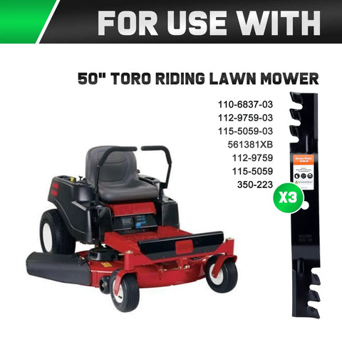 Mulching Blades For Toro Time Cutter 50 Inch Deck Zero Turn Mower Compatible With MX5000 MX5050 MX5060 SS5000 displayed.