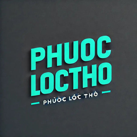 Logo design featuring the text 'PHUOC LOCTHO' in modern teal and white typography.