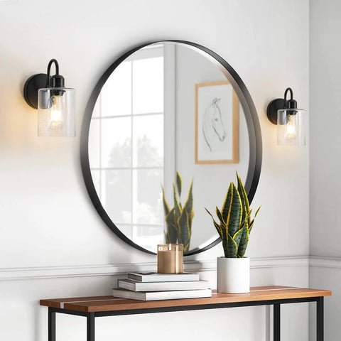 Set Of 2 Black Farmhouse Vanity Wall Lights With Seeded Glass Shades Sleek Modern Metal Sconce Fixtures For Bathroom