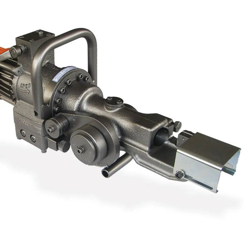 Heavy Duty Rebar Cutter And Bender, 10 Amp Motor Grinds Through 5/8 Inch Rod, showing machine design with steel blades, ready for rebar work.