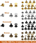 All In One Leather Rivet Kit With 480 Sets Double Cap Tubular Metal Studs Four Colors 6x6 Mm 8x8 Mm 8x12 Mm bronze gold silver