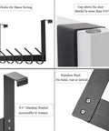 Collage of matte black over the door hook rack with 12 hooks, close-up of door gap fit, stainless steel details, and bracket size 8.6".