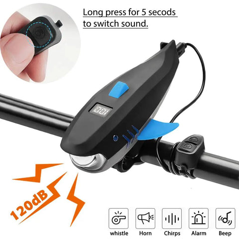Bike Horn With Light 120dB Electric Bell And 400LM Rechargeable Headlight, IPX4 Waterproof Kid Friendly Bike Accessory For Boys And Girls, Fits Scooters, Easy Install With Battery Included, Great For Day Or Night Rides