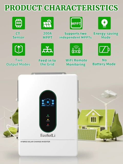Heavy Duty 12000W Hybrid Solar Inverter With Zero Sweat Wifi Link And Dual Mppt Controllers For 48V Split Phase Systems in front view.