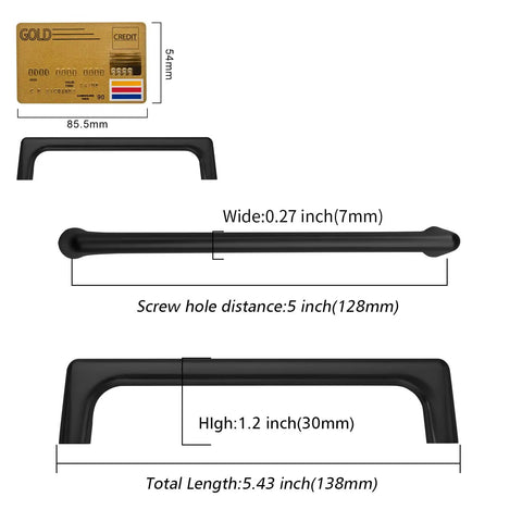 Sleek Matte Black Cabinet Pulls 10 Pack Five Inch Drawer Handles dimensions with a credit card for size reference.
