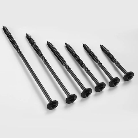 Pro Level Lag Screws For Heavy Duty Framing Number Fourteen By Two Point Five Inch Carbon Steel visible with flanged washers and Torx bit heads.