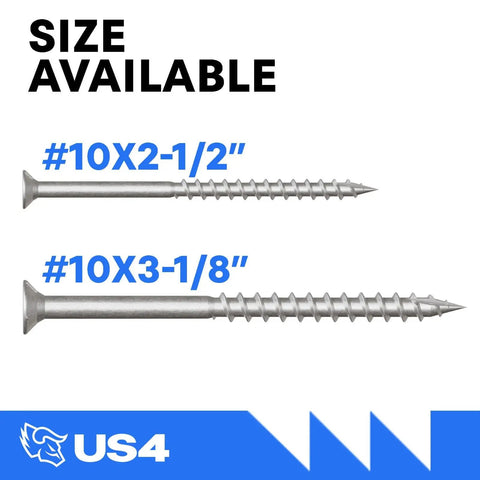 Built Tough Stainless Steel Self Drilling Screws With T25 Star Drive, Heavy Duty Deck And Framing Fasteners, Subfloor Board Hardware, Size Ten By Two Point Five Inch, 100 Count Bulk Pack displayed with sizes 10x2.5 and 10x3.125.