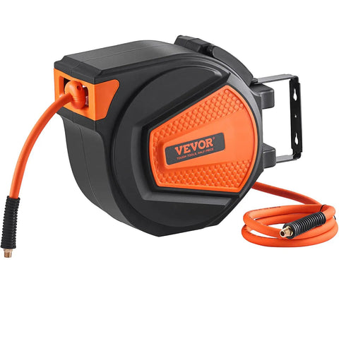 Retractable Air Hose Reel With Three Eighths Inch By Fifty Foot Hybrid Hose Up To 300 PSI For All Your Air Tools, 5 Foot Lead In