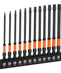 Heavy Duty Six Inch Security Torx Bit Set Twelve Piece S2 Steel Magnetic Star Bits in organized holder for impact use.