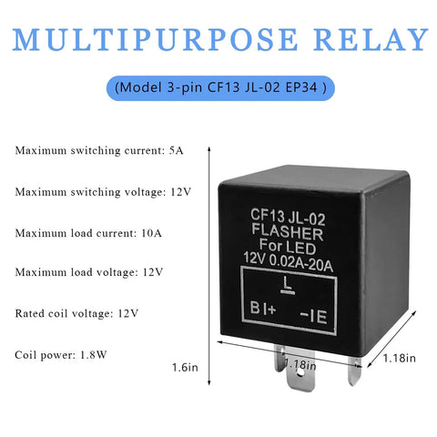 Universal 3 Pin CF13 Flasher Relay For Turn Signals And 12V LED Blinkers Easy Plug And Play Replacement That Fixes Hyper Flash No Flash Issues