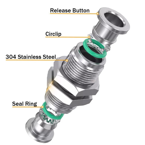 Front view of 2-pack 304 stainless steel bulkhead union pneumatic quick-connect fittings, 3/8" x 3/8" tube OD, green seals.