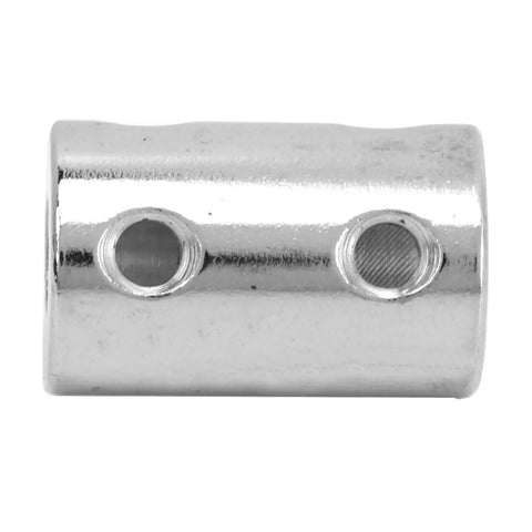 Straight Up Heavy Duty Five Piece Steel Shaft Coupling Set Featuring Flexible Motor Couplers For Smooth Mechanical Transmission showing a steel coupler with two holes.