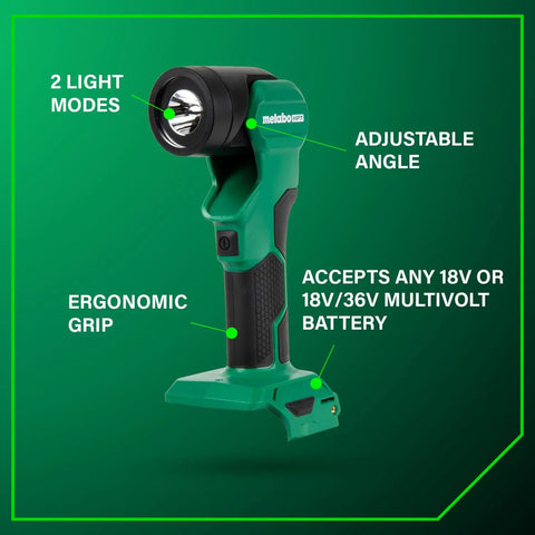 18V MultiVolt Cordless LED Flashlight With 250 Lumens High, 120 Lumens Low, Six Angle Settings From 0 To 130 Degrees, ergonomic grip