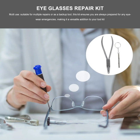 Stainless Steel Eyeglass Repair Kit With Nose Pad Pliers And Screwdriver For Quick Glasses Fixes Versatile Eyewear Maintenance And Easy Frame Adjustments 2Pcs Set image showing repair tools and eyeglasses.