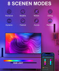 Lit RGBICW Smart Light Bars For TV PC And Gaming Setup With Scene And Music Sync, 16 Million Color Ambient Lighting Kit with scene modes displayed on TV screen
