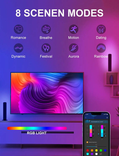 Lit RGBICW Smart Light Bars For TV PC And Gaming Setup With Scene And Music Sync, 16 Million Color Ambient Lighting Kit with scene modes displayed on TV screen
