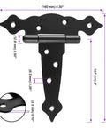 Six Pack 5 Inch T Shape Strap Hinges With Screws, Classic Black Decorative Gate Hinges dimensions and design view