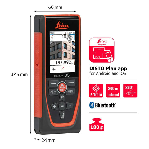 Pro Grade Laser Distance Meter D5 With 650 Ft Range Bluetooth Data Transfer 4X Camera Zoom Viewfinder Pointfinder Remote Measuring Smart Horizontal Alignment Add Subtract End Piece Hand Loop And Pouch, 144 mm x 60 mm
