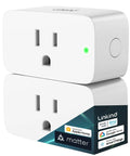 Matter Smart Plug 2 Pack, 15A 1800W Wi Fi Outlet, showing side view with power button and indicator light