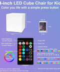 Lit RGB Color Changing LED Cube Seat 14-Inch LED Cube Chair With Remote displayed with remote and color options in graphics