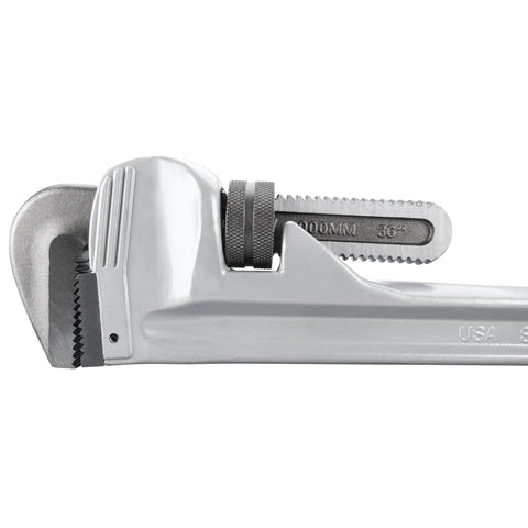 Close-up of Aluminum Heavy-Duty Adjustable 36-Inch Straight Pipe Wrench With Precision Milled Jaws For Superior Grip And Durability.