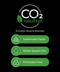 CO2 neutral label highlighting sustainable paper, water-based inks, and phthalate-free features of a carbon neutral business.