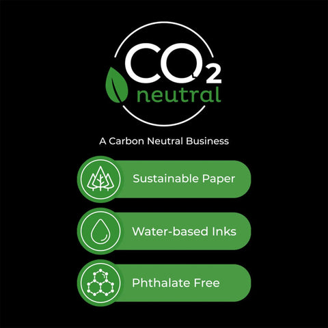 CO2 neutral label highlighting sustainable paper, water-based inks, and phthalate-free features of a carbon neutral business.