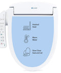 Premium Electric Bidet Seat For Elongated Toilets Featuring Heated Seat And Stainless Steel Nozzle With Warm Air Dryer Night Light And Gentle Close Lid Side Arm Control For A Hassle Free Bang For Buck Bathroom Glow Up showing heated seat, warm water, slow close features.