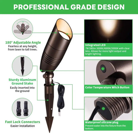 Outdoor LED Spotlight 12V ACDC Wired Adjustable Color Temperature 3000K 4000K 5000K Waterproof Landscape Uplight features
